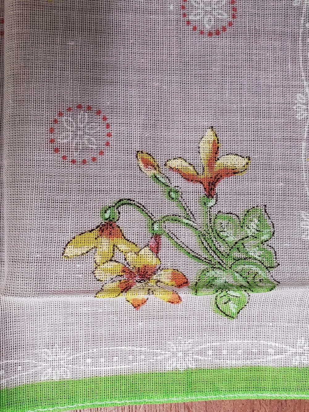 Vintage Floral Handkerchief with Green Border and Yellow Flowers - Picture 2 of 5